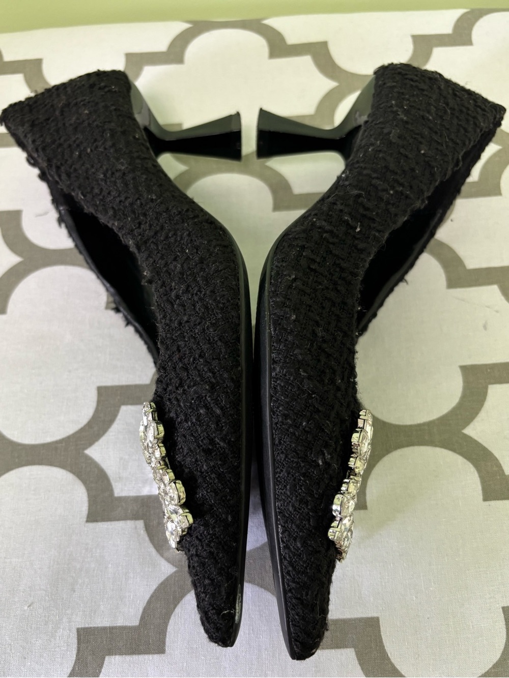 Zara Black Textured Crystal Embellished Buckle Pointed-Toe Pumps - Picture 8 of 13